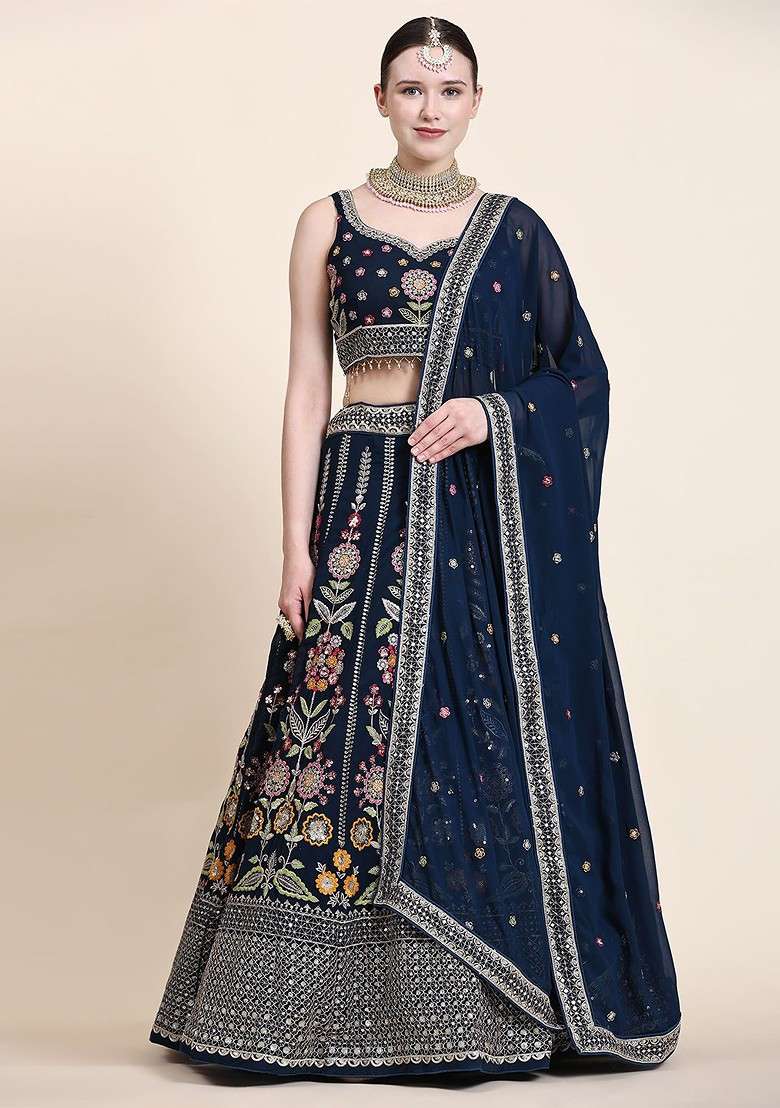 Blue Emboridered Blended Lehenga Choli - Indya