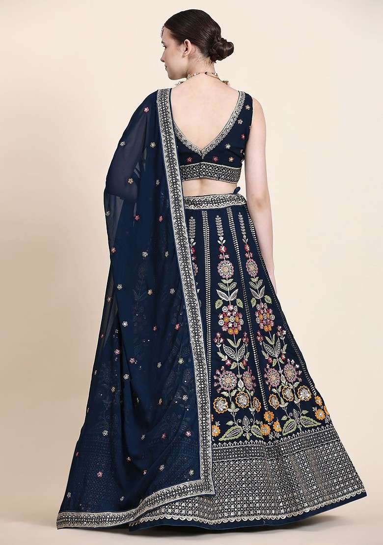 Blue Emboridered Blended Lehenga Choli - Indya