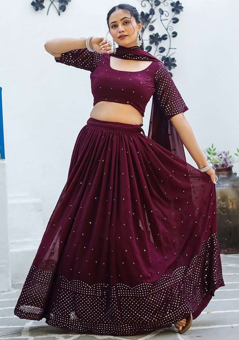 Purple Emboridered Blended Lehenga Choli - Indya