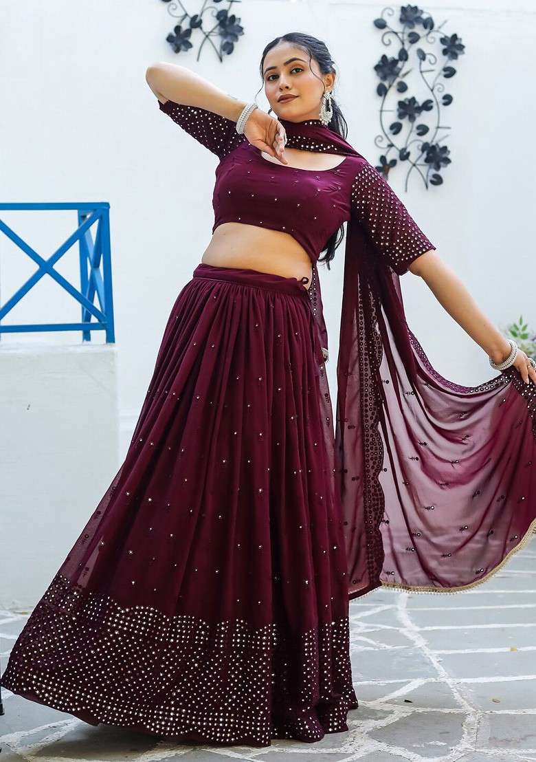 Purple Emboridered Blended Lehenga Choli - Indya
