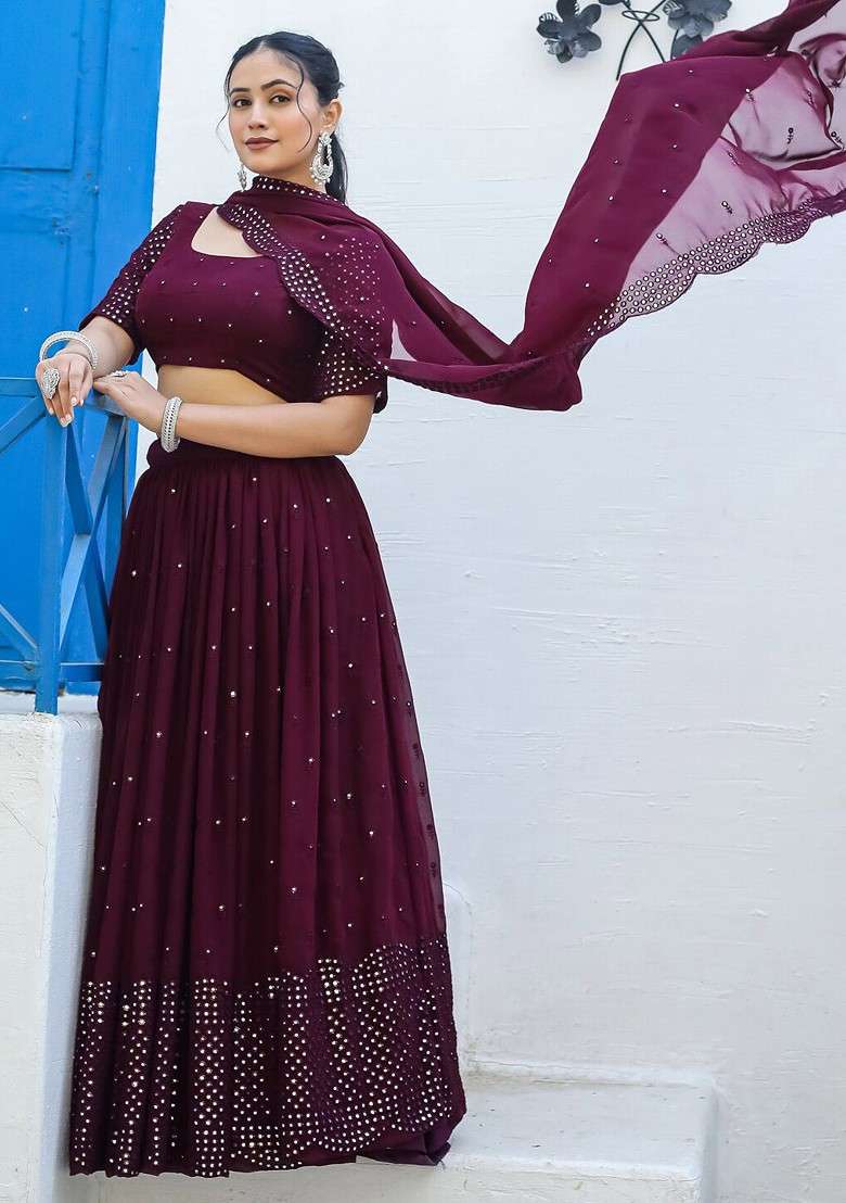 Purple Emboridered Blended Lehenga Choli - Indya
