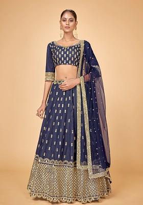 Blue Emboridered Blended Lehenga Choli