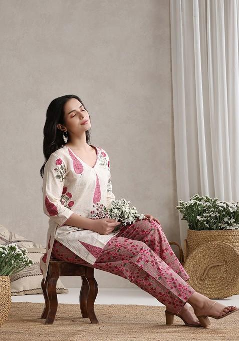 White Printed Cotton Co Ord Set