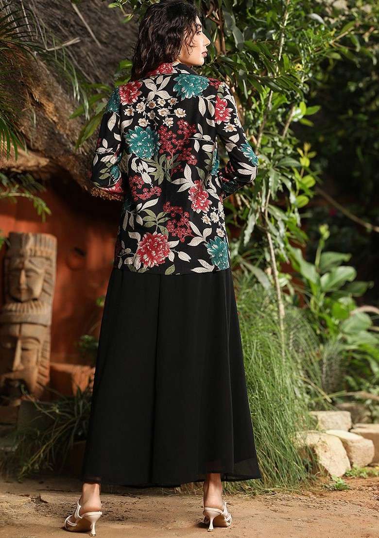 Black Printed Poly Blend Co Ord Set - Indya