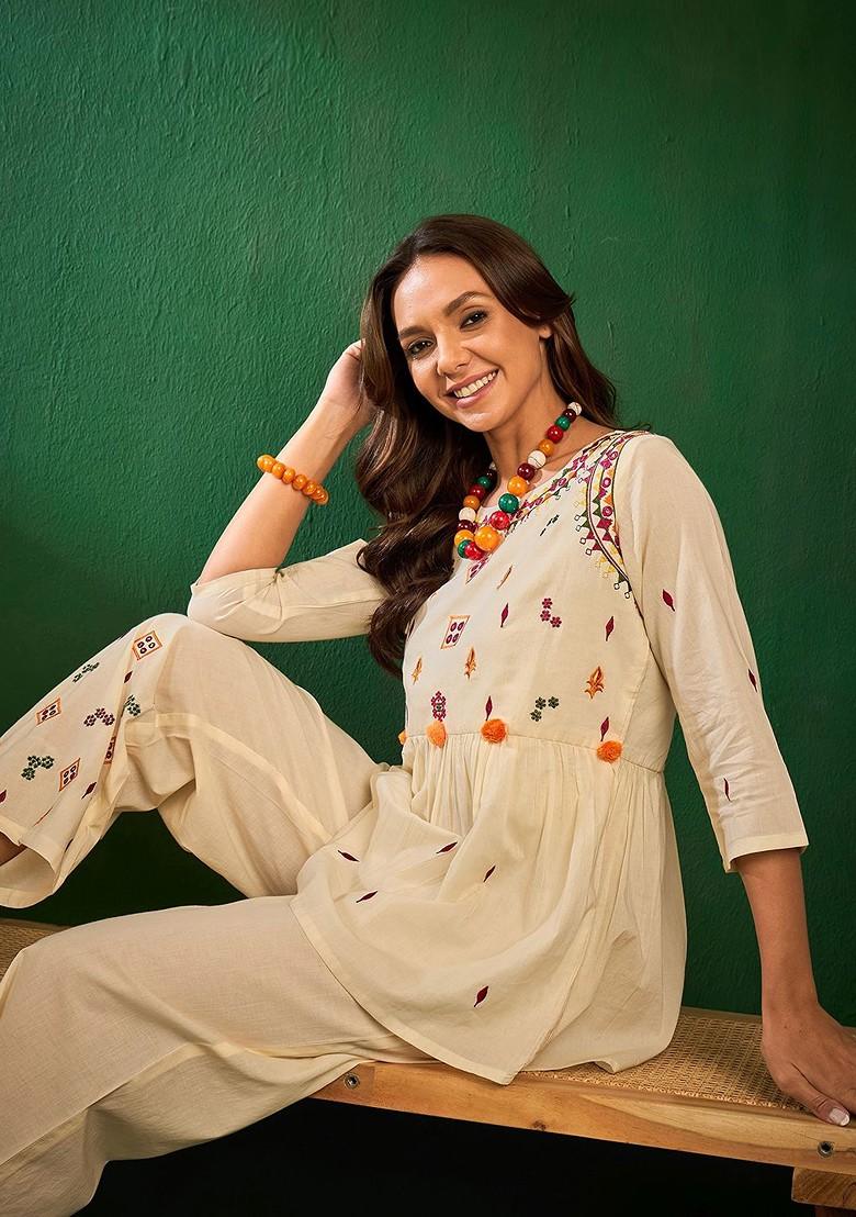 Off White Printed Cotton Co Ord Set - Indya