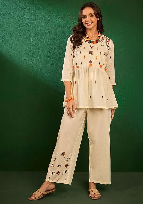 Off White Printed Cotton Co Ord Set