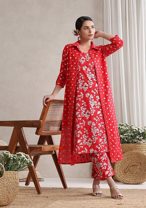 Red Printed Cotton Co Ord Set