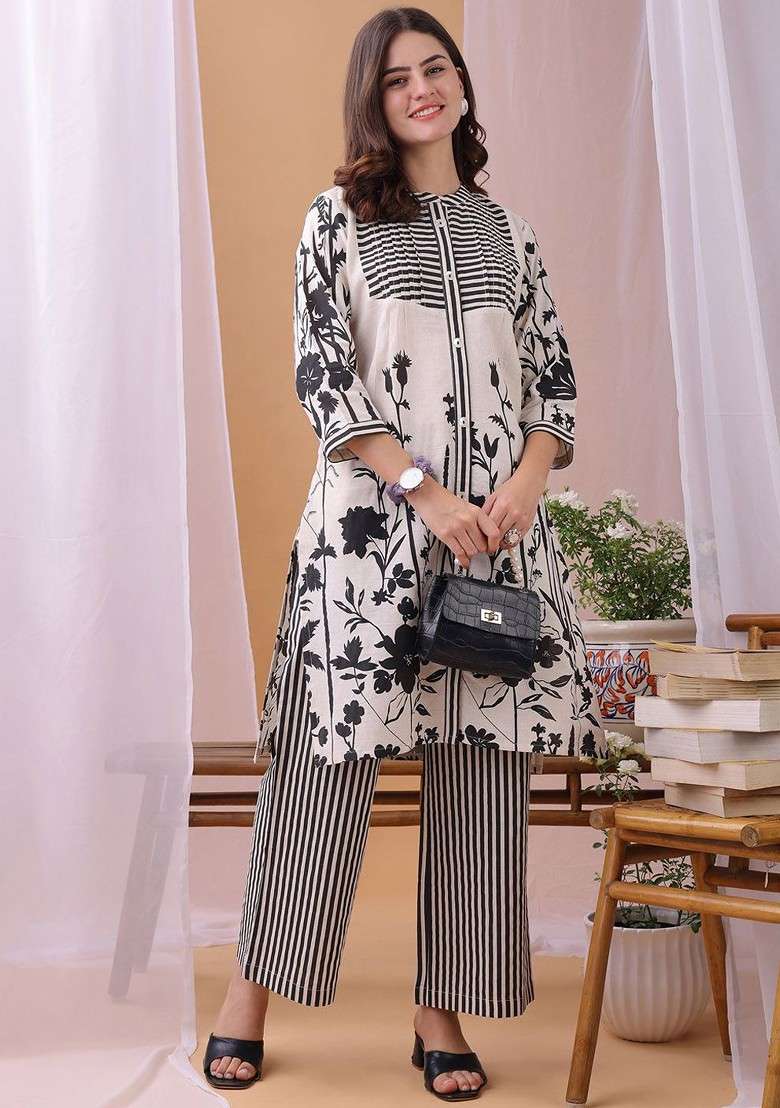 Off White Printed Poly Blend Co Ord Set - Indya