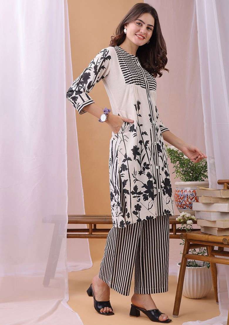 Off White Printed Poly Blend Co Ord Set - Indya