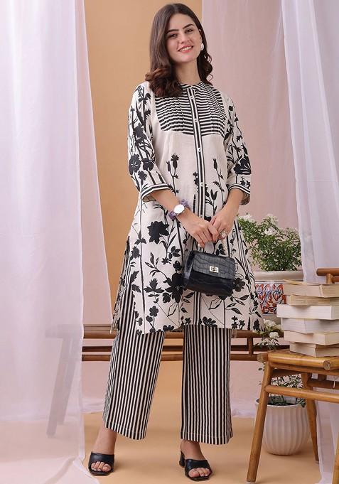 Off White Printed Poly Blend Co Ord Set