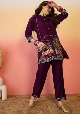 Purple Printed Poly Blend Co Ord Set