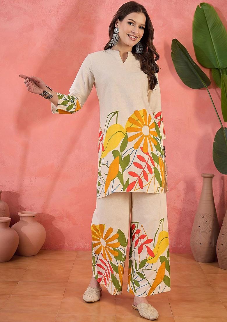 Off White Printed Cotton Co Ord Set - Indya