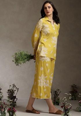 Yellow Printed Poly Blend Co Ord Set