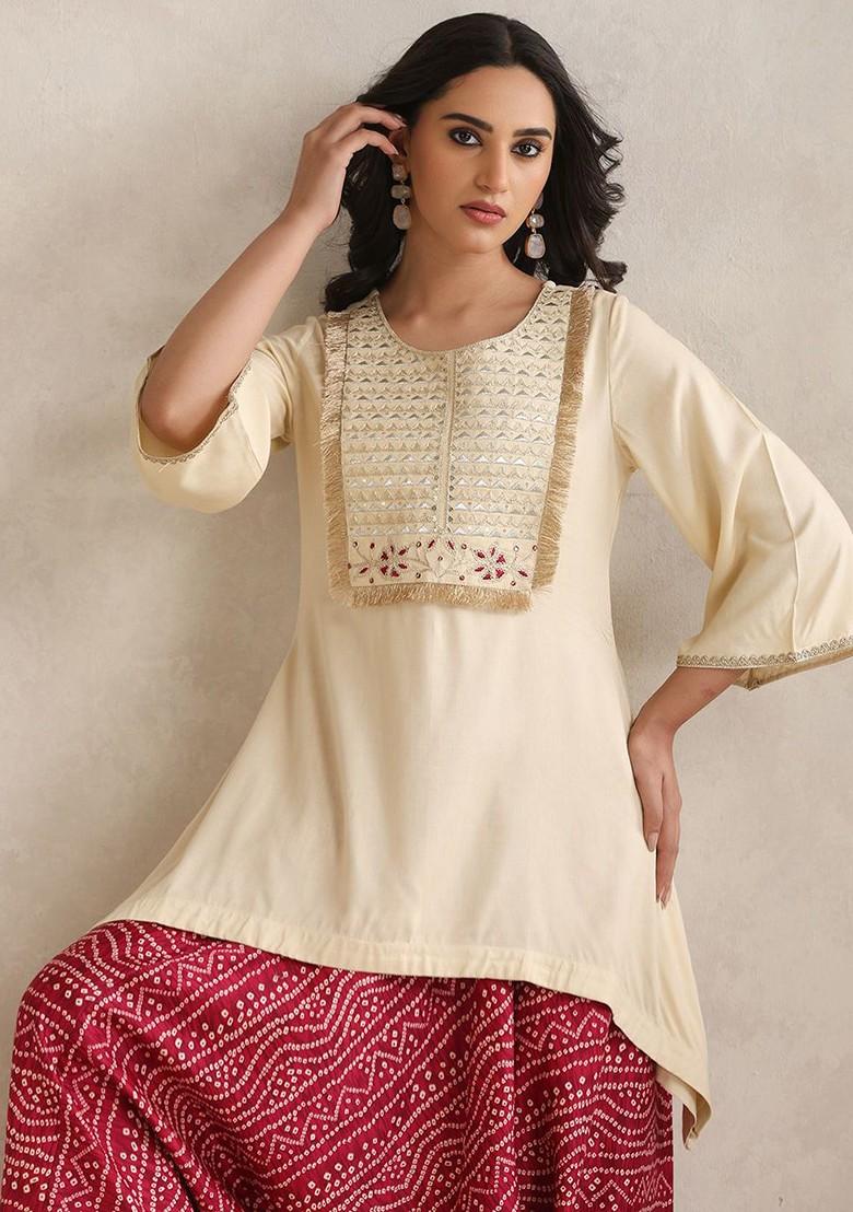 Cream Printed Poly Blend Co Ord Set - Indya