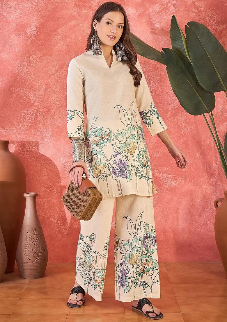 Off White Printed Cotton Co Ord Set - Indya