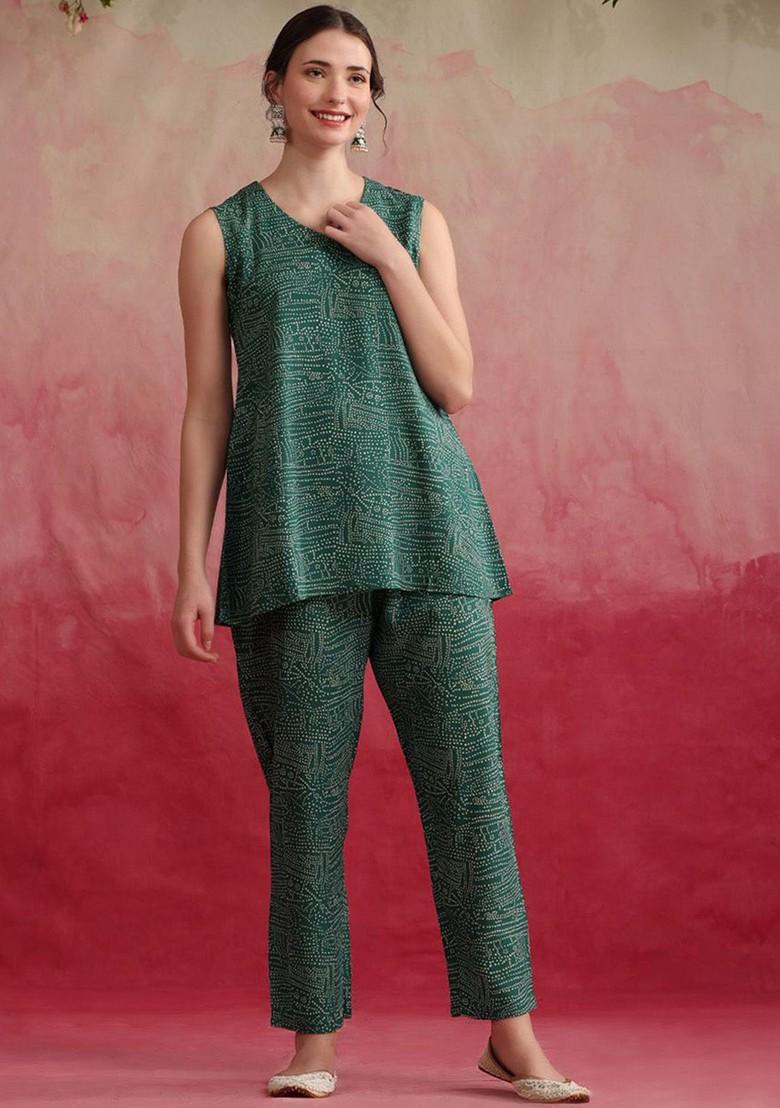 Green Printed Poly Blend Co Ord Set - Indya