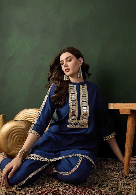 Navy Blue Printed Poly Blend Co Ord Set