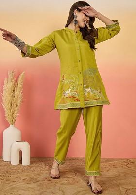Mustard Yellow Printed Poly Blend Co Ord Set