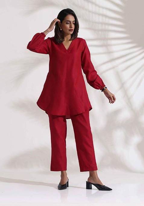 Maroon Printed Poly Blend Co Ord Set