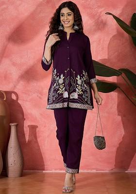 Purple Printed Poly Blend Co Ord Set