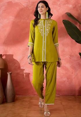 Green Printed Poly Blend Co Ord Set