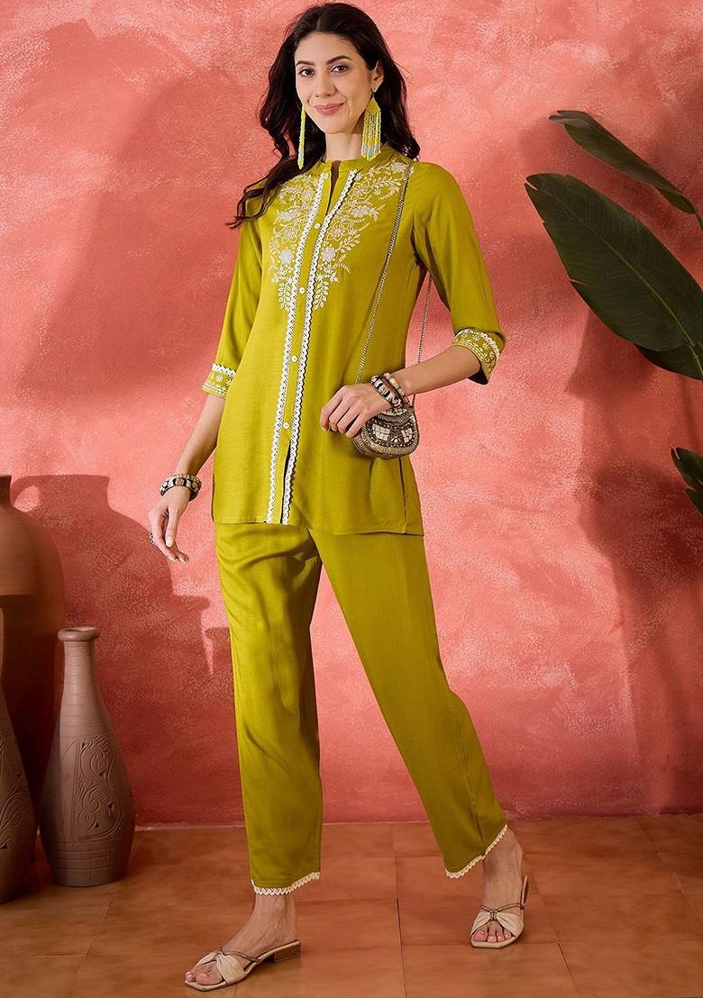 Green Printed Poly Blend Co Ord Set - Indya