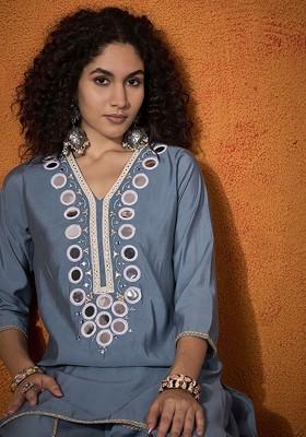 Turquoise Blue Printed Poly Blend Co Ord Set