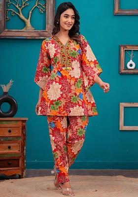 Red Printed Poly Blend Co Ord Set