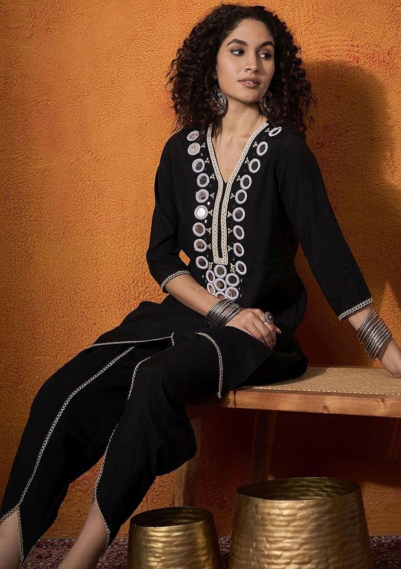 Black Printed Poly Blend Co Ord Set - Indya