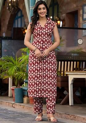 Maroon Printed Poly Blend Co Ord Set