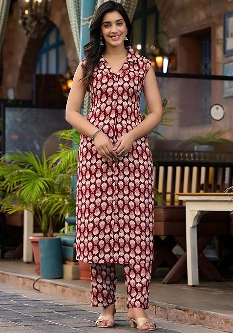 Maroon Printed Poly Blend Co Ord Set