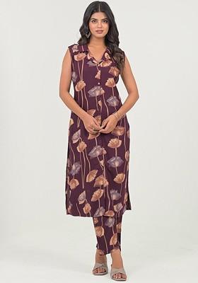 Purple Printed Poly Blend Co Ord Set