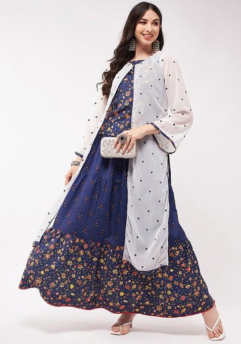 Navy Blue Printed Poly Blend Co Ord Set