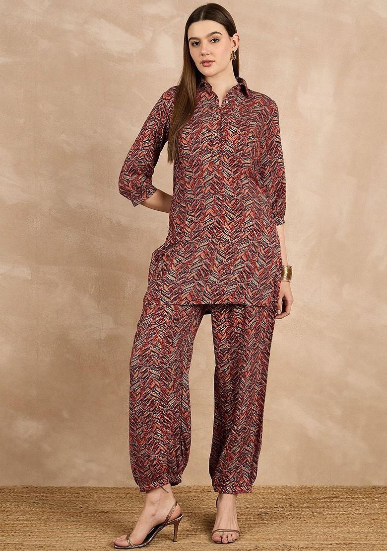 Maroon Printed Cotton Co Ord Set - Indya