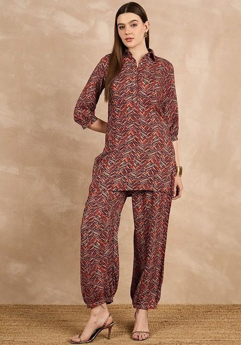 Maroon Printed Cotton Co Ord Set