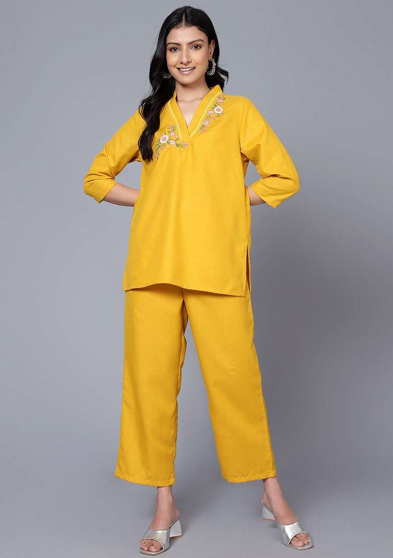 Mustard Yellow Printed Poly Blend Co Ord Set - Indya