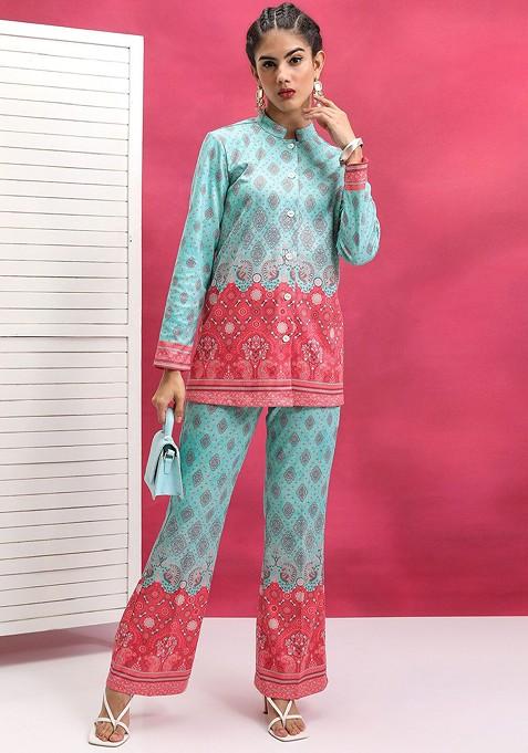 Turquoise Blue Printed Poly Blend Co Ord Set