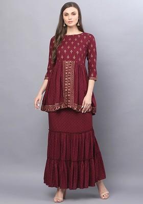 Maroon Printed Poly Blend Co Ord Set
