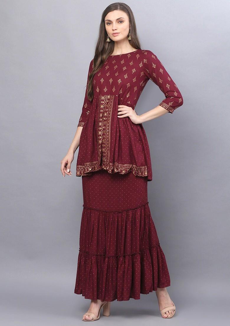 Maroon Printed Poly Blend Co Ord Set - Indya