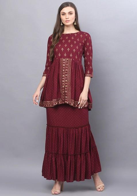 Maroon Printed Poly Blend Co Ord Set