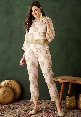 Cream Printed Poly Blend Co Ord Set