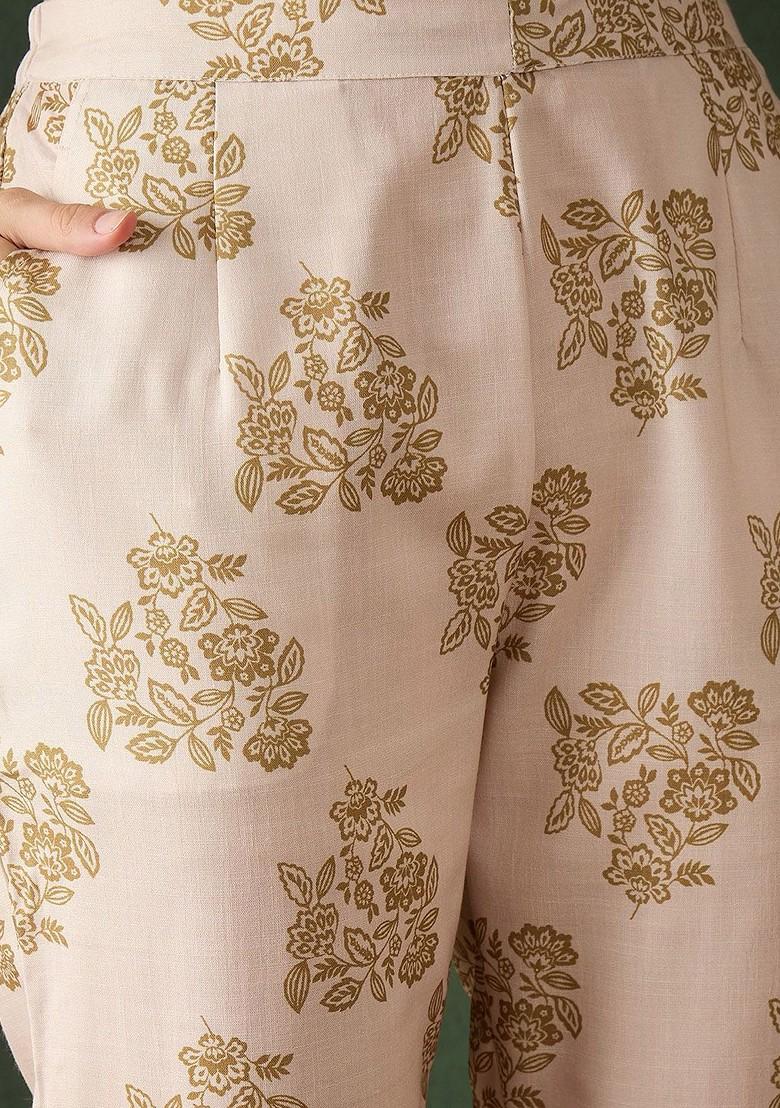 Cream Printed Poly Blend Co Ord Set - Indya