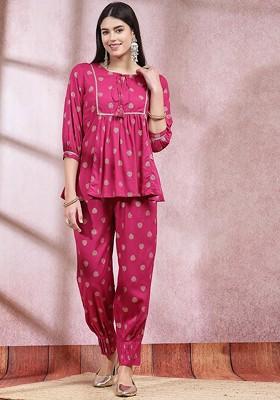 Magenta Printed Poly Blend Co Ord Set