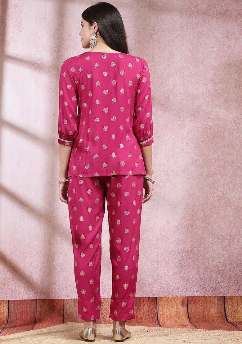 Magenta Printed Poly Blend Co Ord Set - Indya