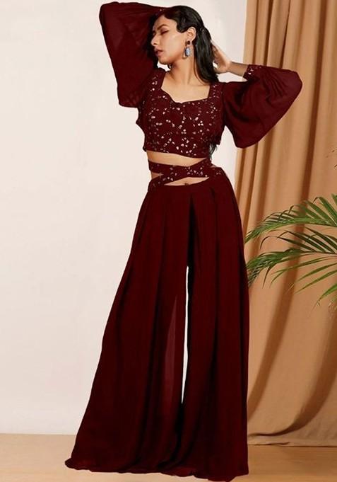 Maroon Printed Poly Blend Co Ord Set