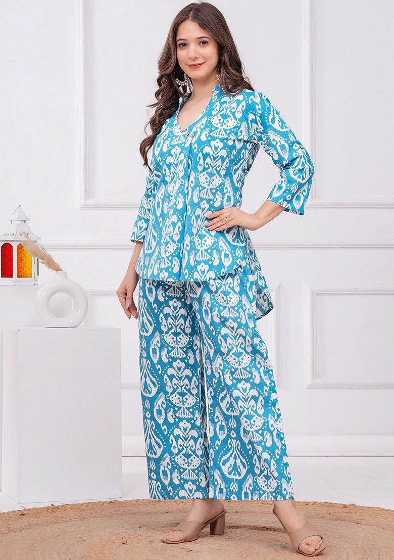 Blue Printed Cotton Co Ord Set - Indya