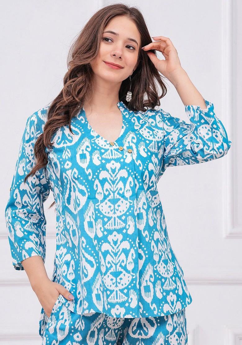 Blue Printed Cotton Co Ord Set - Indya