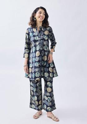 Navy Blue Printed Poly Blend Co Ord Set