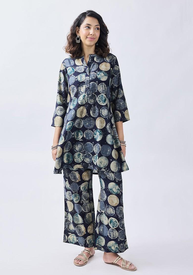 Navy Blue Printed Poly Blend Co Ord Set - Indya