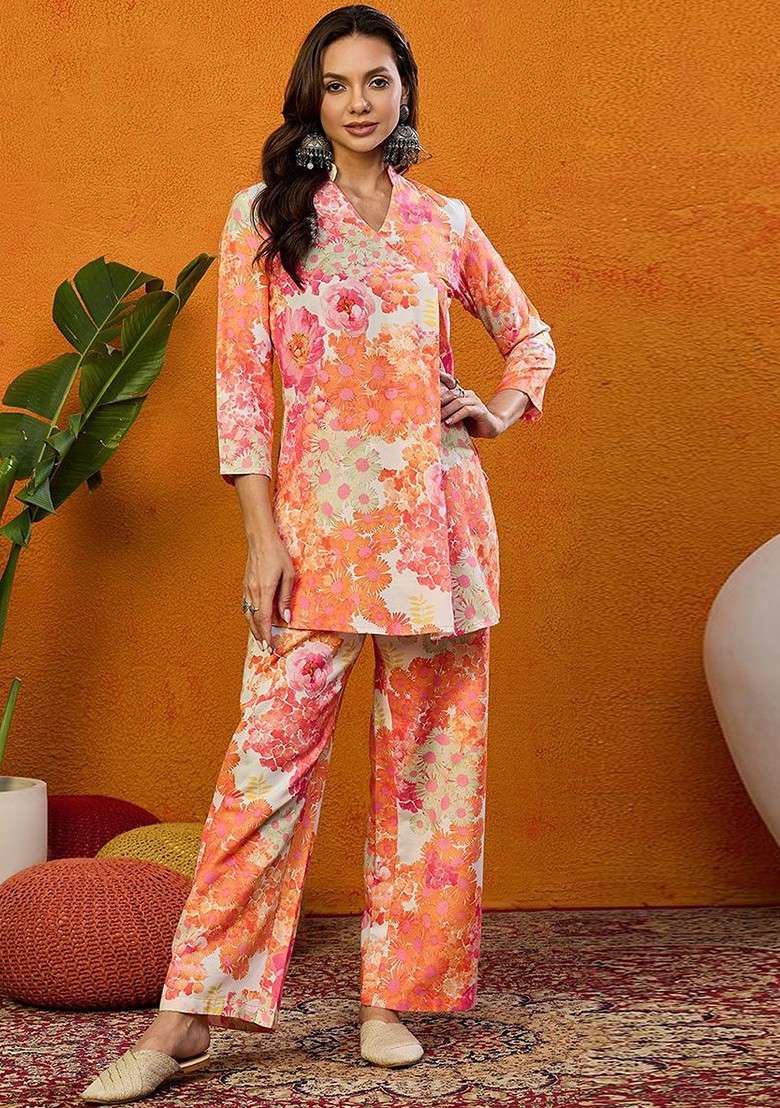 Orange Printed Poly Blend Co Ord Set - Indya